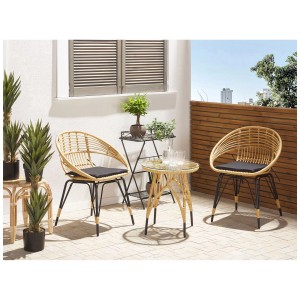Set bistro Pellaro nero: sedie in rattan con cuscini e tavolo in vetro per balcone/terrazzo.