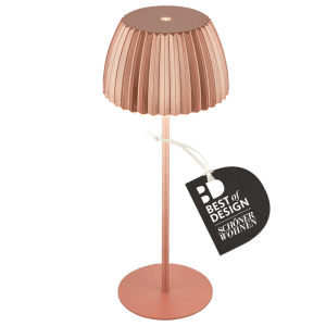 Lampada da tavolo a batteria Brilo Riffle color rame dimmerabile con funzione touch. Lampada di design per interni ed esterni.