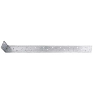 Ancrage béton galvanisé, 400x40x40 mm, avec trous pour fixation de structures en bois.