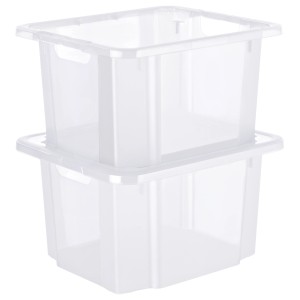 Deux boîtes de rangement Rotho transparentes, 26 litres, en plastique.