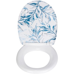 Wenko Sedile WC Catala con decoro foglie blu e chiusura ammortizzata, vista dall'alto.