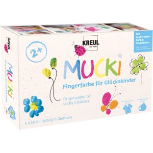Mucki Fingerfarbe 6er Set für Kinder, verschiedene Farben im Malkasten.