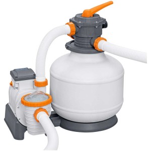 Pompe de filtration à sable Bestway 11'355 l, système de filtration blanc avec pompe et tuyaux.