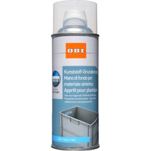 Spray d'apprêt plastique OBI, transparent mat, bombe de 400ml pour une adhérence optimale sur les plastiques.
