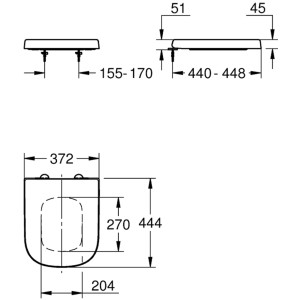 Disegno tecnico: Sedile WC Grohe Euro Keramik, soft close, bianco, con dimensioni.