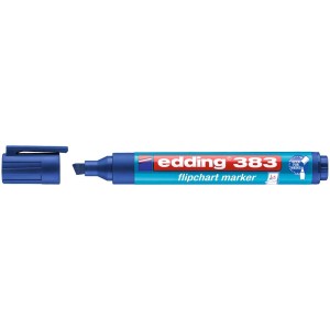 Feutre de paperboard bleu Edding 383 avec pointe biseautée et capuchon retiré.