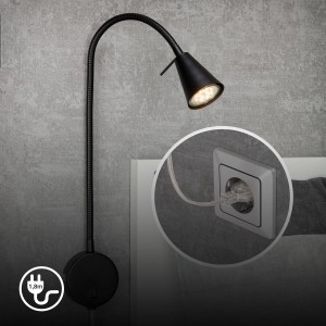 Lampe de chevet LED noire Briloner Tusa avec bras flexible, lumière blanc chaud pour table de chevet ou montage mural.