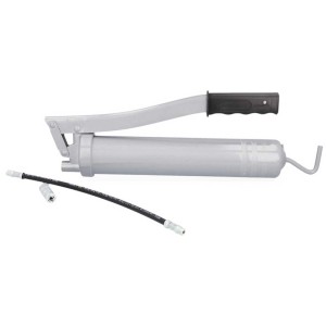 Pistolet graisseur Tegro avec flexible, gris argenté avec poignée noire. Pour lubrifiants et graisses.