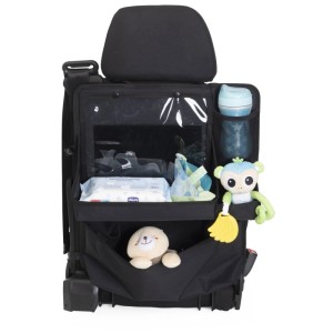 Schwarzer Chicco Rücksitzorganizer Deluxe mit Fächern für Spielzeug, Tablet und Getränke.