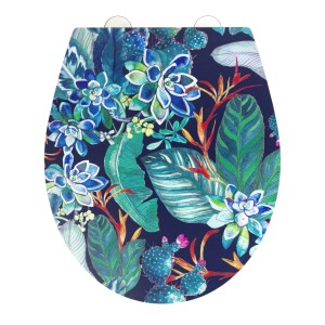 Sedile WC Wenko Manaus con motivo vegetale blu-verde su sfondo scuro.