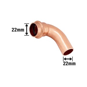 Raccordo a pressare in rame, diametro 22 mm, gomito a 90 gradi per installazioni di tubi in rame.