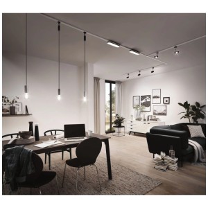 Rail Paulmann URail (1 m, blanc) dans un salon avec des lampes assorties.