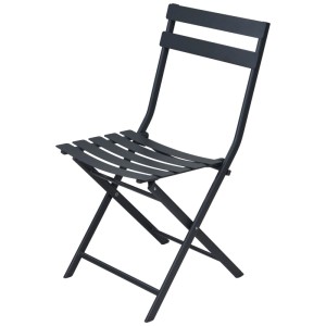 Sedia pieghevole in acciaio nero, parte del set bistrot da 3 pezzi per mobili da balcone.