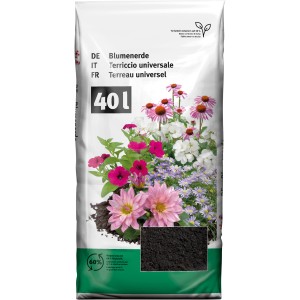 Sacco di terriccio universale (40 l) con motivo floreale, adatto per piante da interno, balcone e giardino.
