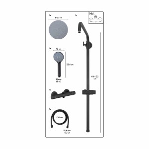 Set doccia baliv KBS-23.90, nero opaco, con doccetta, soffione, termostato e flessibile doccia.