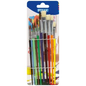 Stylex Schulmalpinsel-Set, 10 Pinsel mit farbigen Kunststoffstielen und Borsten- sowie Aquarellpinsel.