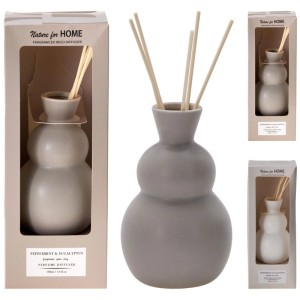 Keramik Duft-Diffusor Peppermint & Eucalyptus mit Rattanstäbchen, geschwungene Form, assortiert in Grau, Weiss, Sand.