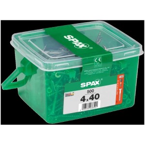 Viti universali Spax 4x40 mm, 500 pezzi in contenitore verde trasparente.