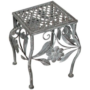 Supporto per piante quadrato in ferro grigio antico con decoro floreale, 27x18x18 cm.