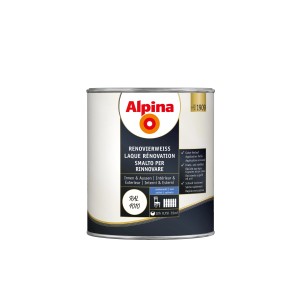 Barattolo di Alpina Renovierweiss 9010, semilucida, 750 ml. Pittura murale bianca per interni ed esterni.