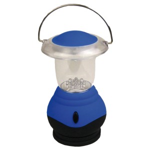 Lanterna LED blu per campeggio e giardino con maniglia e varie funzioni di illuminazione.