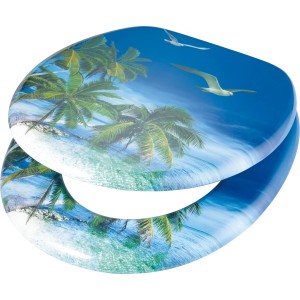 Sedile WC Kalamos con motivo spiaggia: anima in legno, palme, gabbiani e mare per il tuo bagno.