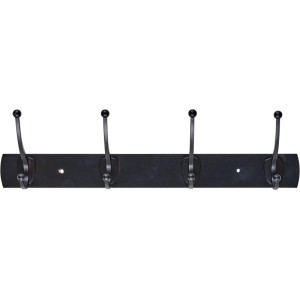 Schwarze Hettich Garderobenleiste mit 4 Haken aus Aluminium und Zinkdruckguss für Wandmontage.