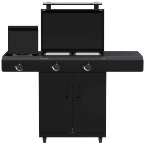 Outdoorchef Grillstation Heat C-265, montata, nera, con bruciatore laterale e mobiletto.