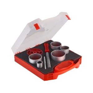 Set de scies cloches LUX, 8 pièces dans une mallette rouge avec différentes tailles de lames, foret de centrage et lime.
