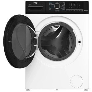 Lave-linge séchant Beko WTS210 blanc avec porte ouverte, capacité 7/5 kg, 1400 tr/min. Panneau noir.