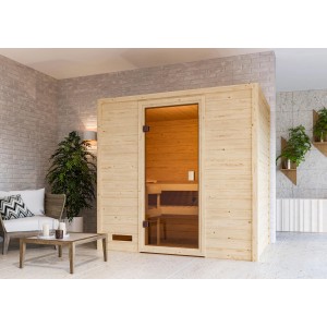 Sauna in legno Karibu Selena con stufa, porta in vetro e controllo integrato.