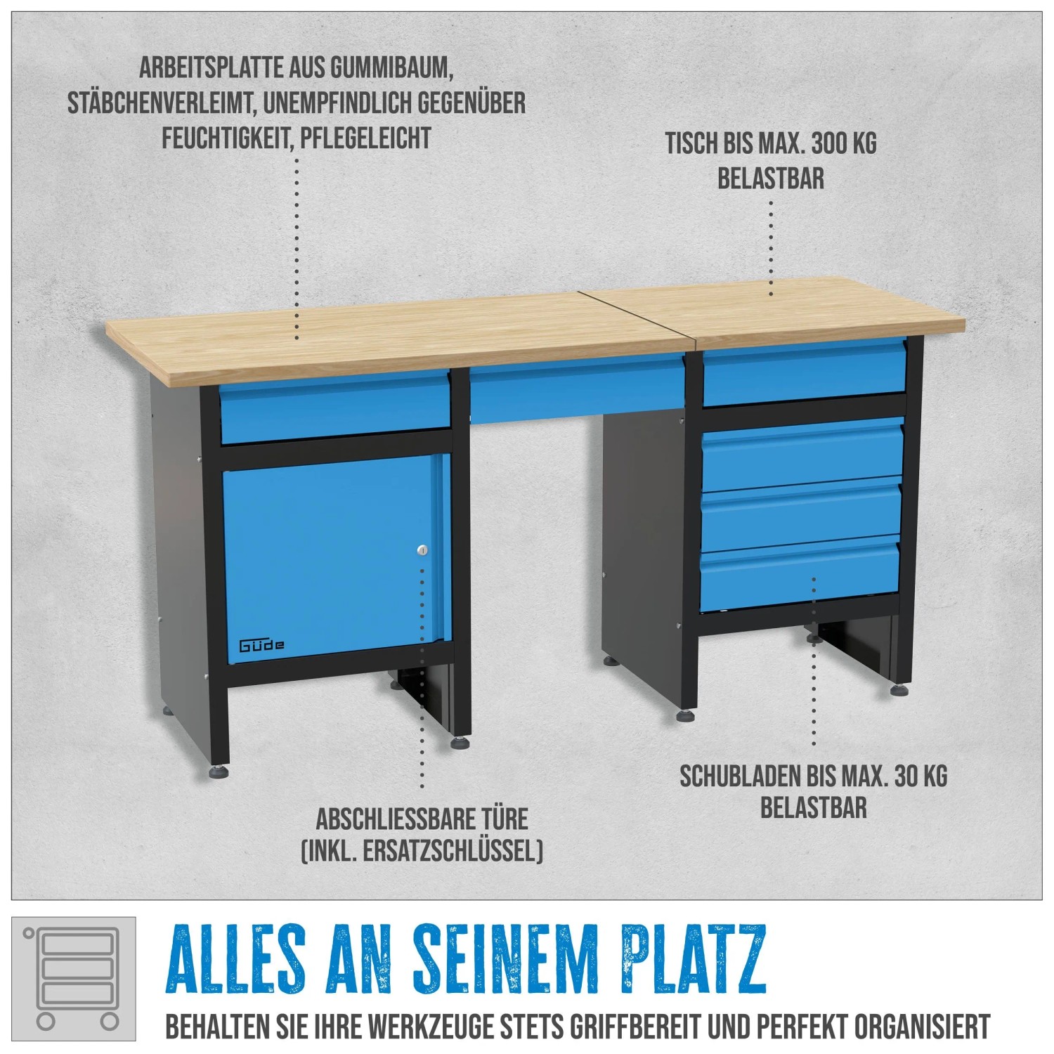 Werkbank-Set GW 6/1 XL Gummibaum Stahlblech Blau 3-tlg.