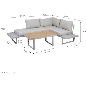 Greemotion Lounge-Set Aruba, 3-teilig, grau. Gartenmöbel mit Tisch und Bänken mit hellgrauen Kissen.