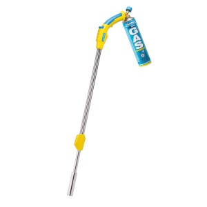 Gelber Gloria Thermoflamm Unkrautbrenner mit langem Stiel und blauer Gaskartusche zur Unkrautentfernung.