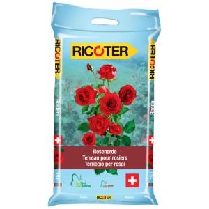 Sac de terreau pour rosiers sans tourbe Ricoter 15L avec illustration de roses, adapté aux nouvelles plantations et à l'amélioration du sol.