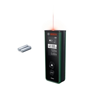 Bosch Zamo Laser-Entfernungsmesser, grün-schwarz, zeigt 40 m Messung, mit rotem Laserstrahl und Akkus. Prüfwerkzeug.