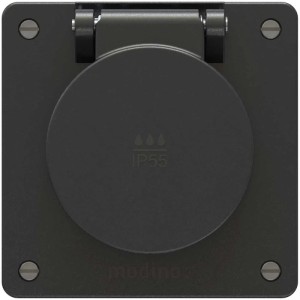 Prise apparente noire Exo type 13, IP55, avec couvercle à charnière pour pièces humides et usage extérieur.