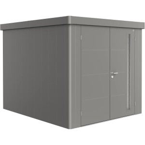 Casetta da giardino Biohort Neo 3B in grigio quarzo metallizzato con doppia porta. Casetta in metallo per giardino.