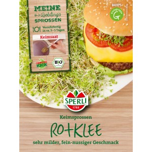 Sperli Germogli Verdi Trifoglio Rosso Bio: Confezione con germogli e suggerimento di servizio hamburger.
