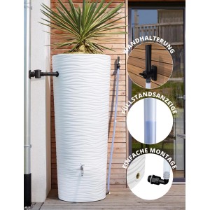 Set tubo Garantia Aqua-Go 19 mm su serbatoio acqua piovana con indicatore livello e supporto a parete.