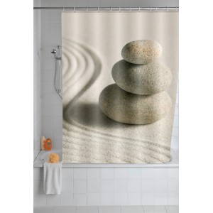 Tenda doccia Wenko Sand & Stone con motivo di pietre in bagno.