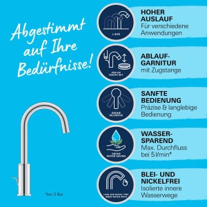 Miscelatore lavabo Grohe QuickFix L-Size con bocca alta e set di scarico a tirante.