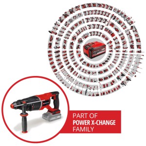 Perforateur sans fil Einhell TP-HD 18/26 D Li BL Solo, rouge/noir, avec batterie Power X-Change dans coffret système.