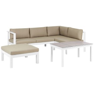 Set divano angolare da giardino Beliani Messina, bianco/beige sabbia, con tavolo e pouf. Arredo lounge da giardino.