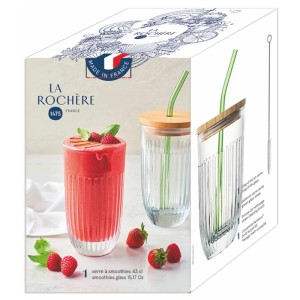 Bicchiere per smoothie La Rochère con coperchio in bambù e cannuccia di vetro nella scatola.
