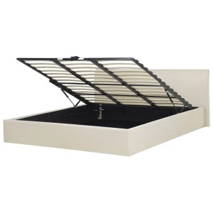 Beliani Bett Orbey beige 180x200 mit Stauraum, Lattenrost hochgeklappt.