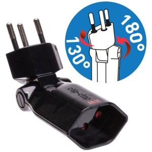 Adaptateur Clip-Clap noir avec sécurité enfant, pliable et rotatif.