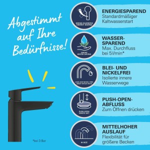 Miscelatore lavabo Grohe QuickFix Start M-Size Nero con funzione di risparmio energetico e scarico push-open.