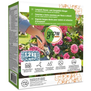 GROW by OBI engrais rosiers longue durée, paquet de 1,2 kg pour rosiers et arbustes d'ornement.