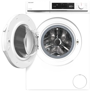 Weisse Sharp Waschmaschine ES-NFA014WWNA-CH mit offener Tür, Frontansicht. 10 kg Fassungsvermögen.
